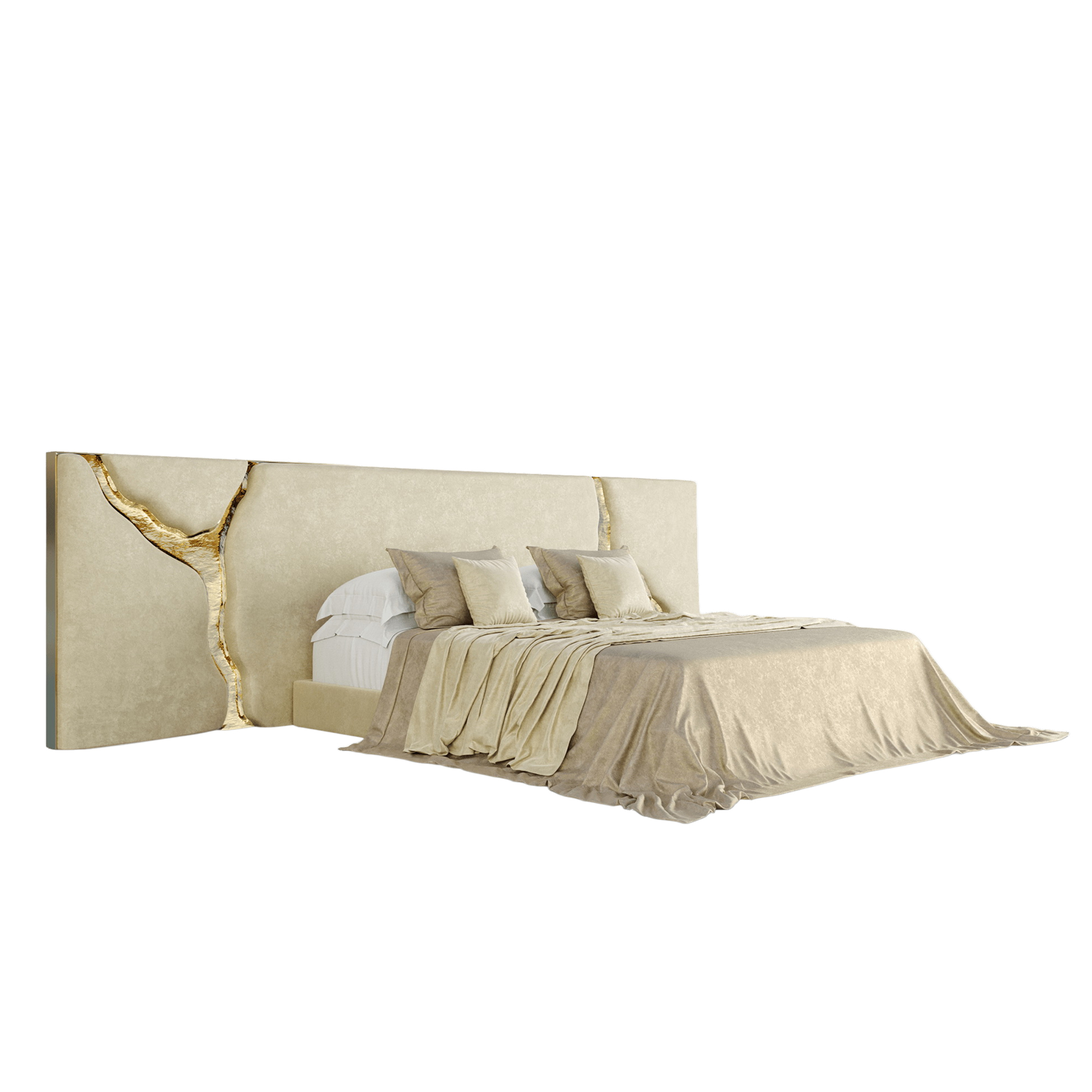 Artisan luxury velvet bed with hand-hammered organic polished brass crack accent in headboard.