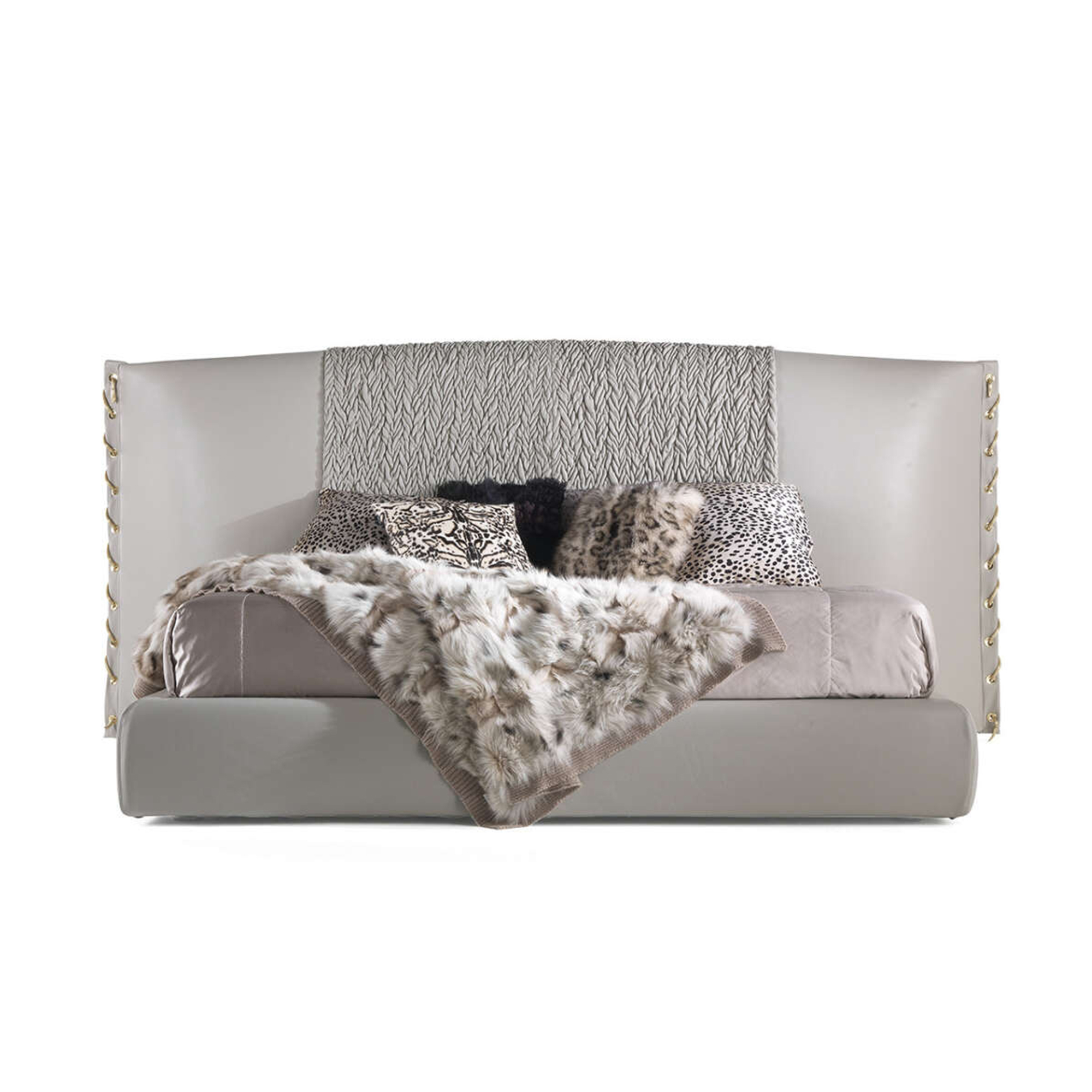 High-fashion tufted fabric luxury bed with gunmetal chain link accents and metal eyelets.