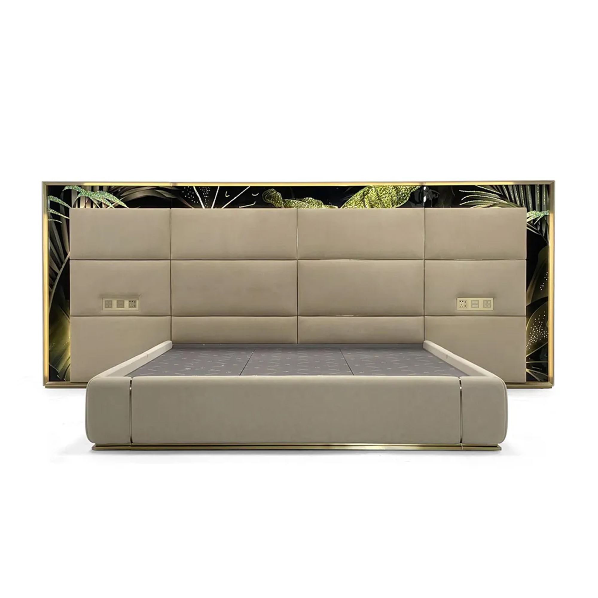 Prestige genuine leather platform bed with integrated decorative tempered glass back panel.