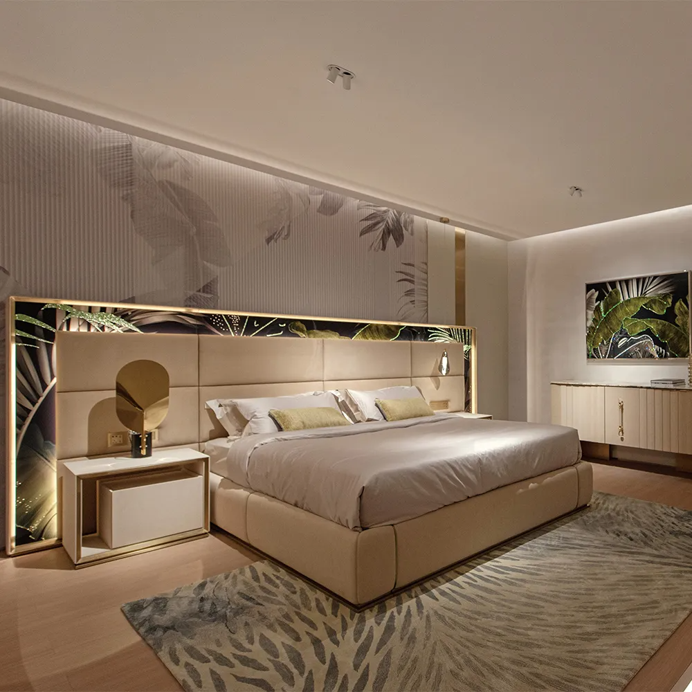 Prestige genuine leather platform bed with integrated decorative tempered glass back panel.