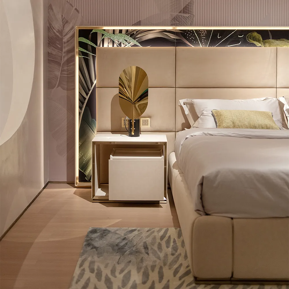 Prestige genuine leather platform bed with integrated decorative tempered glass back panel.