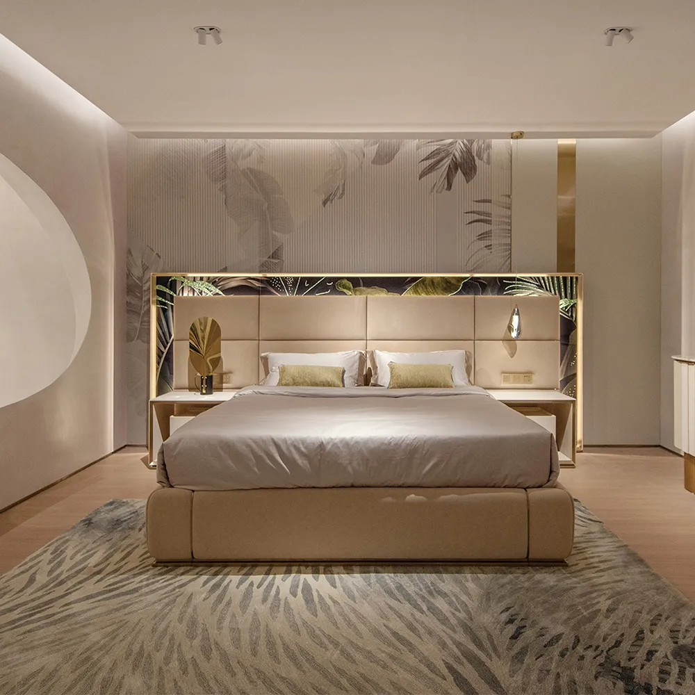Prestige genuine leather platform bed with integrated decorative tempered glass back panel.