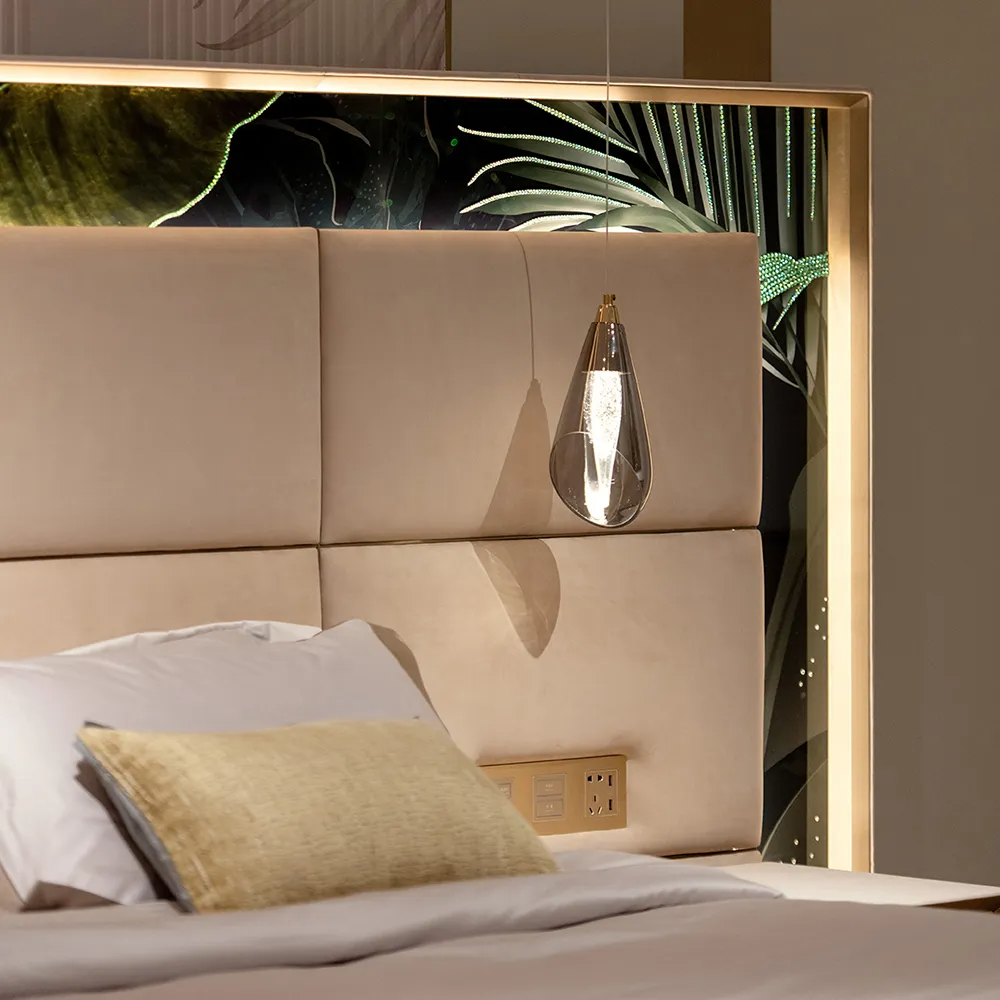 Prestige genuine leather platform bed with integrated decorative tempered glass back panel.