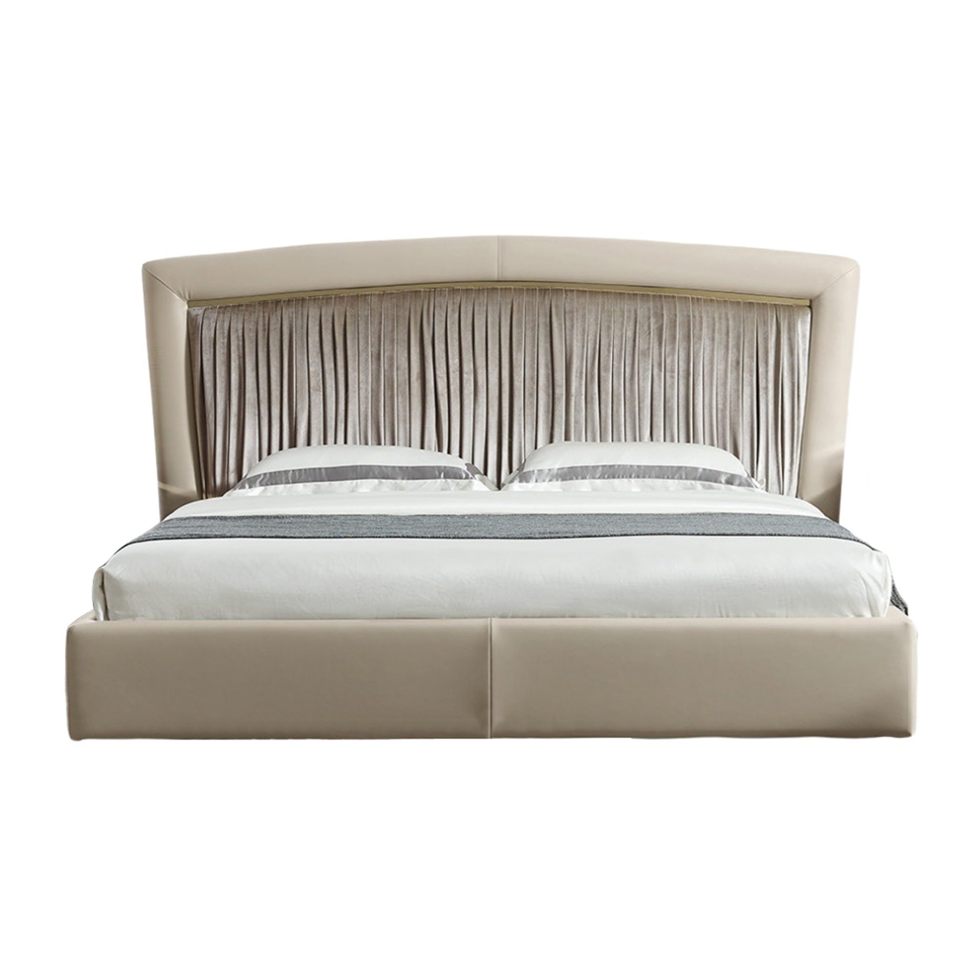 Classic Italian luxury bed with micro-pleated plisse satin headboard and gold frame.
