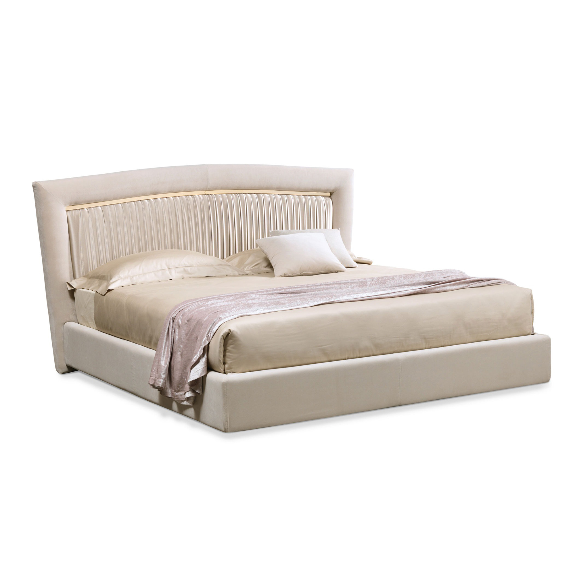 Classic Italian luxury bed with micro-pleated plisse satin headboard and gold frame.