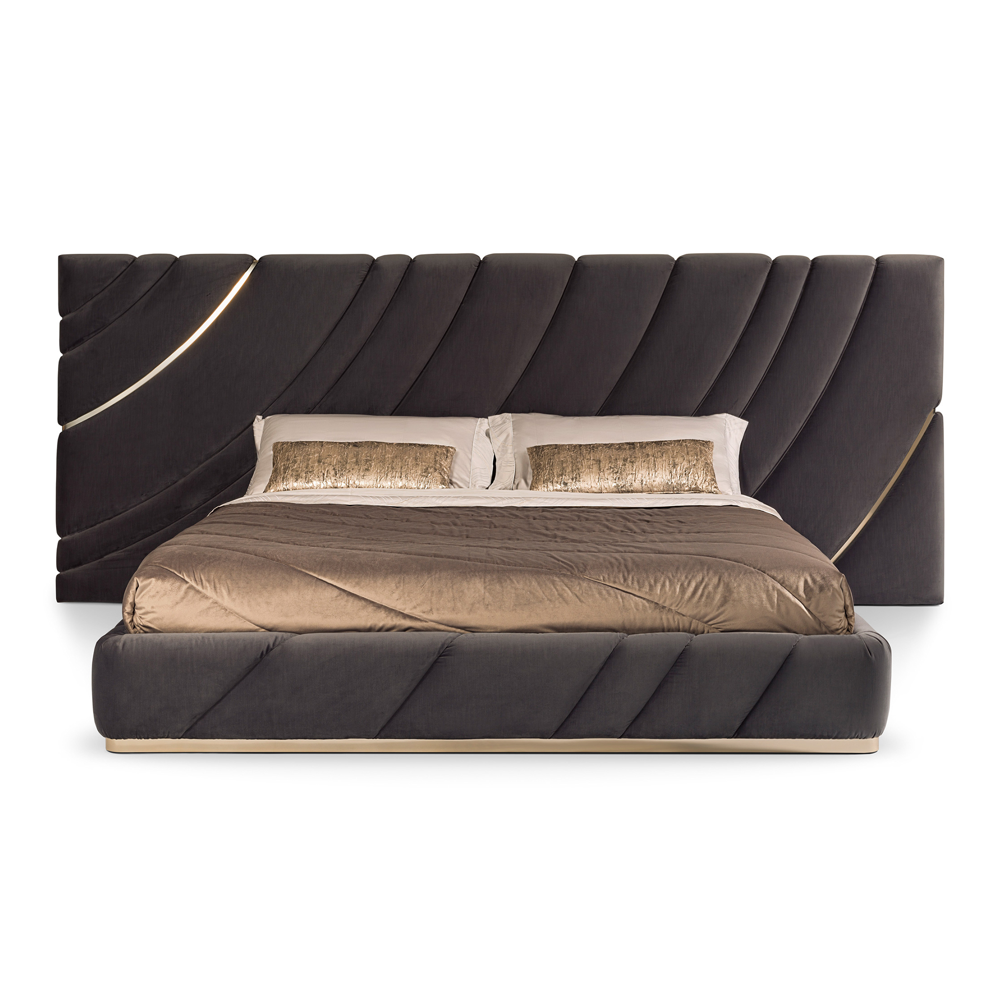 High-tech smart leather bed with diagonal chevron stitching and a polished metallic base frame. High-tech smart leather bed with diagonal chevron stitching and a polished metallic base frame.