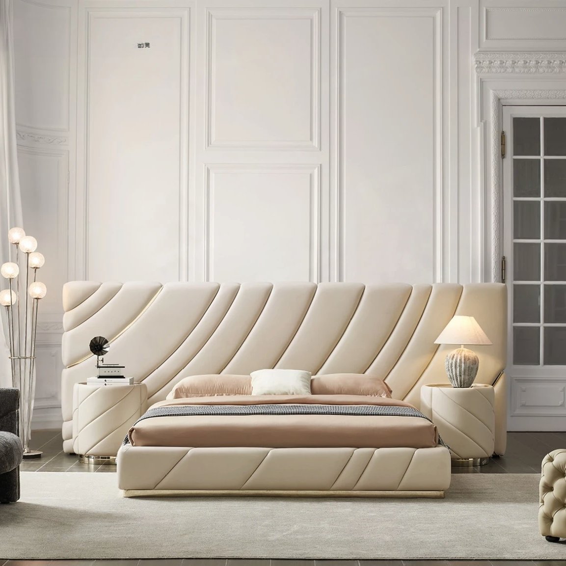 High-tech smart leather bed with diagonal chevron stitching and a polished metallic base frame.
