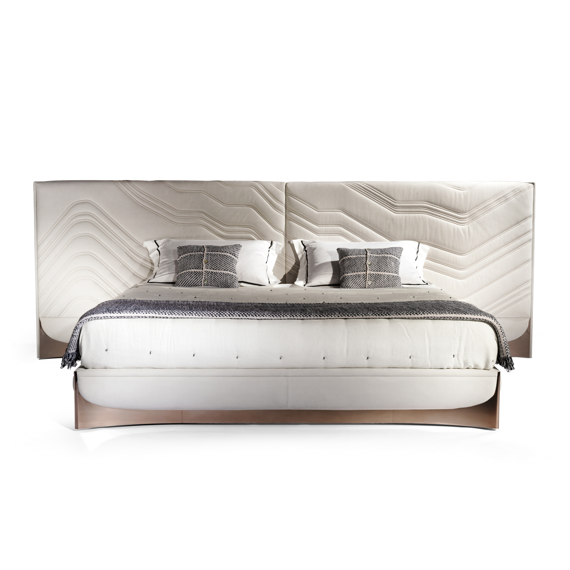 Organic wrap-around curved fabric platform bed with smart automation switches.