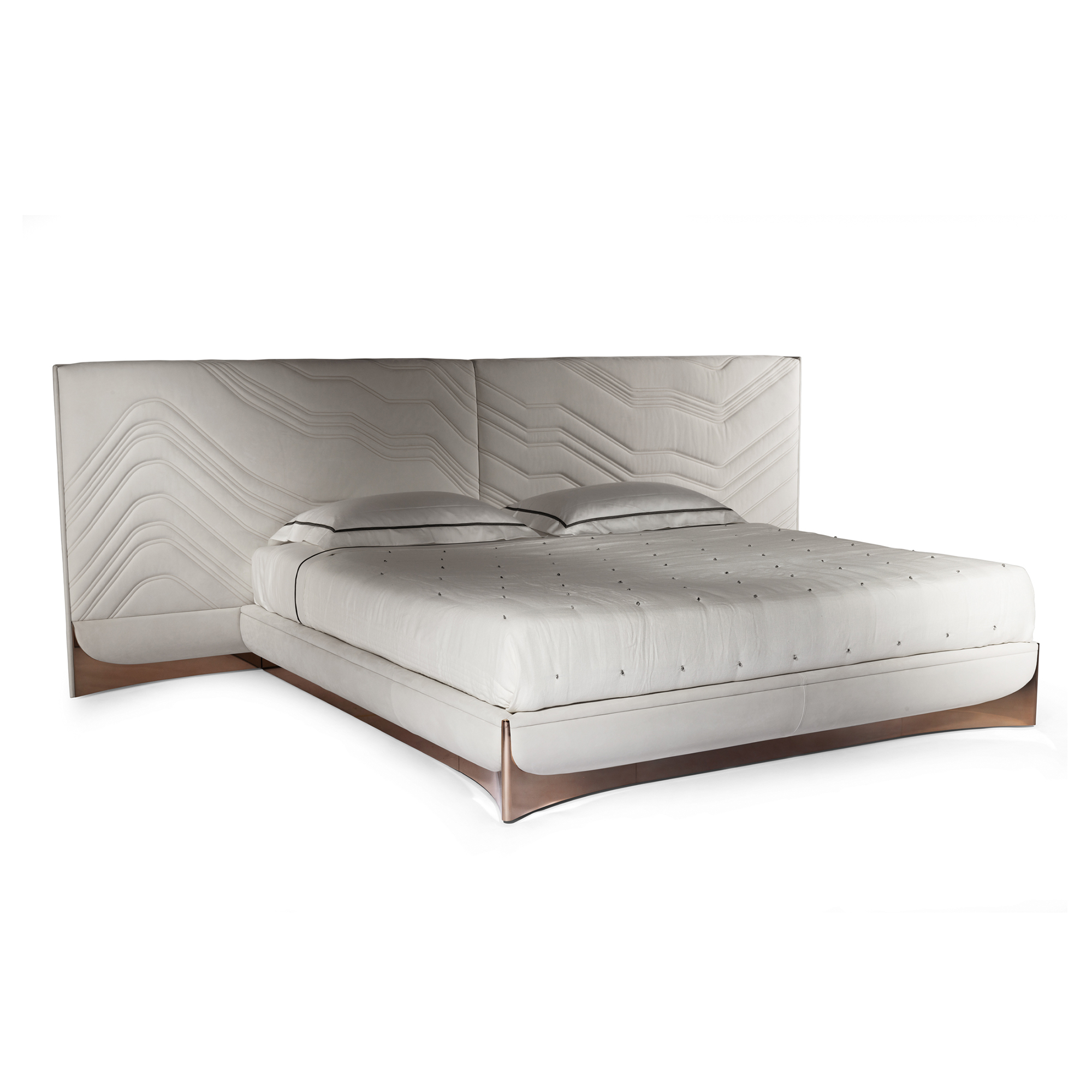Organic wrap-around curved fabric platform bed with smart automation switches.