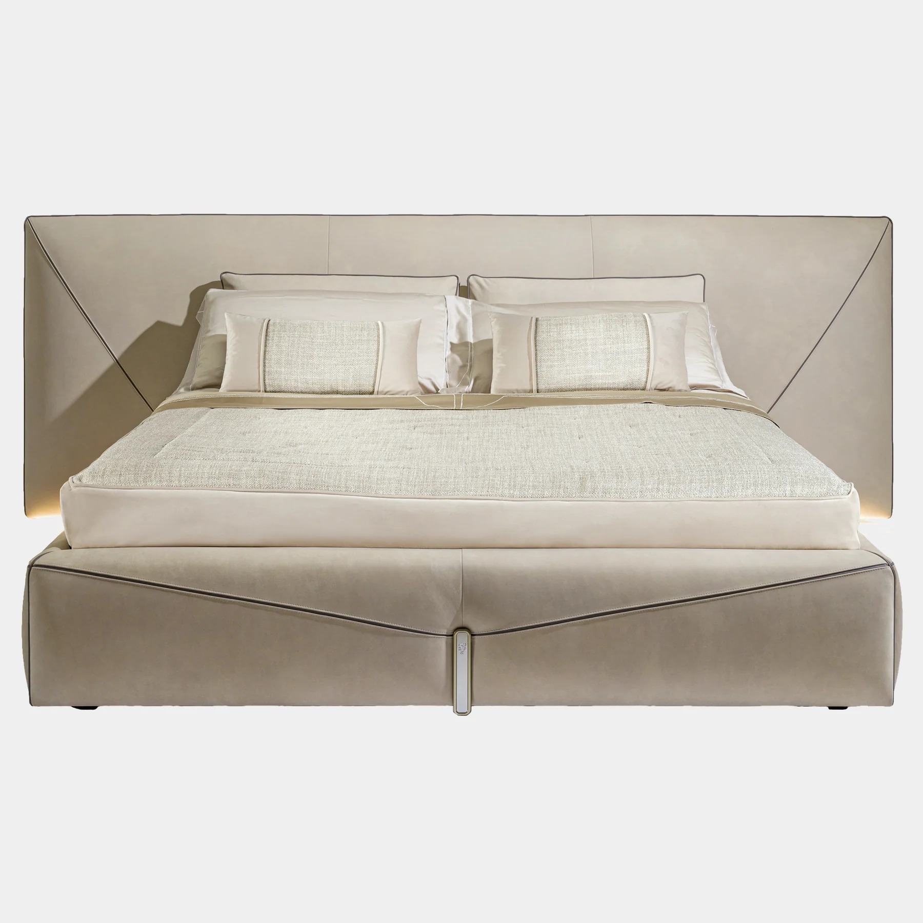 Tailored luxury fabric bed frame with microfiber leather layers and custom metallic feet.