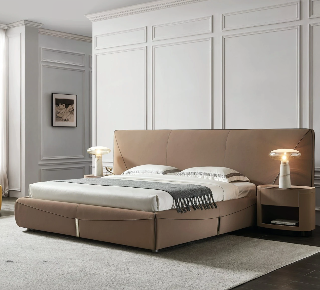 Tailored luxury fabric bed frame with microfiber leather layers and custom metallic feet.