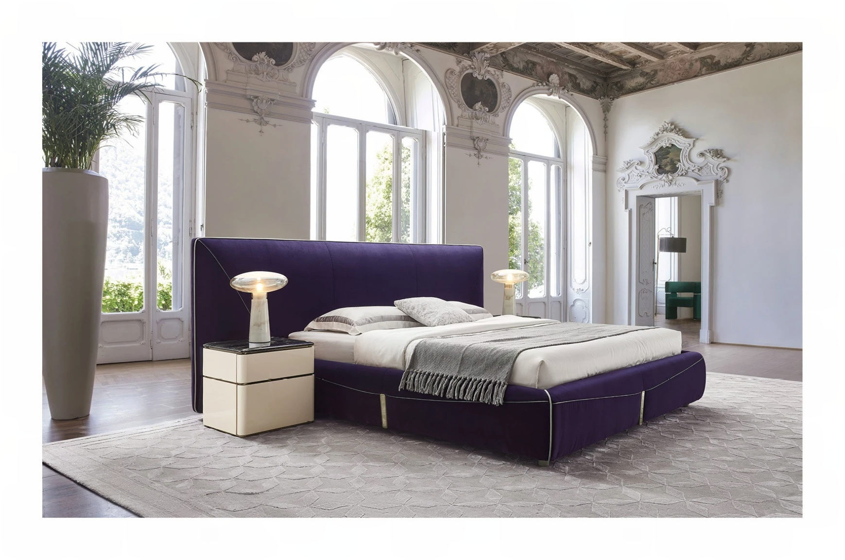 Tailored luxury fabric bed frame with microfiber leather layers and custom metallic feet.