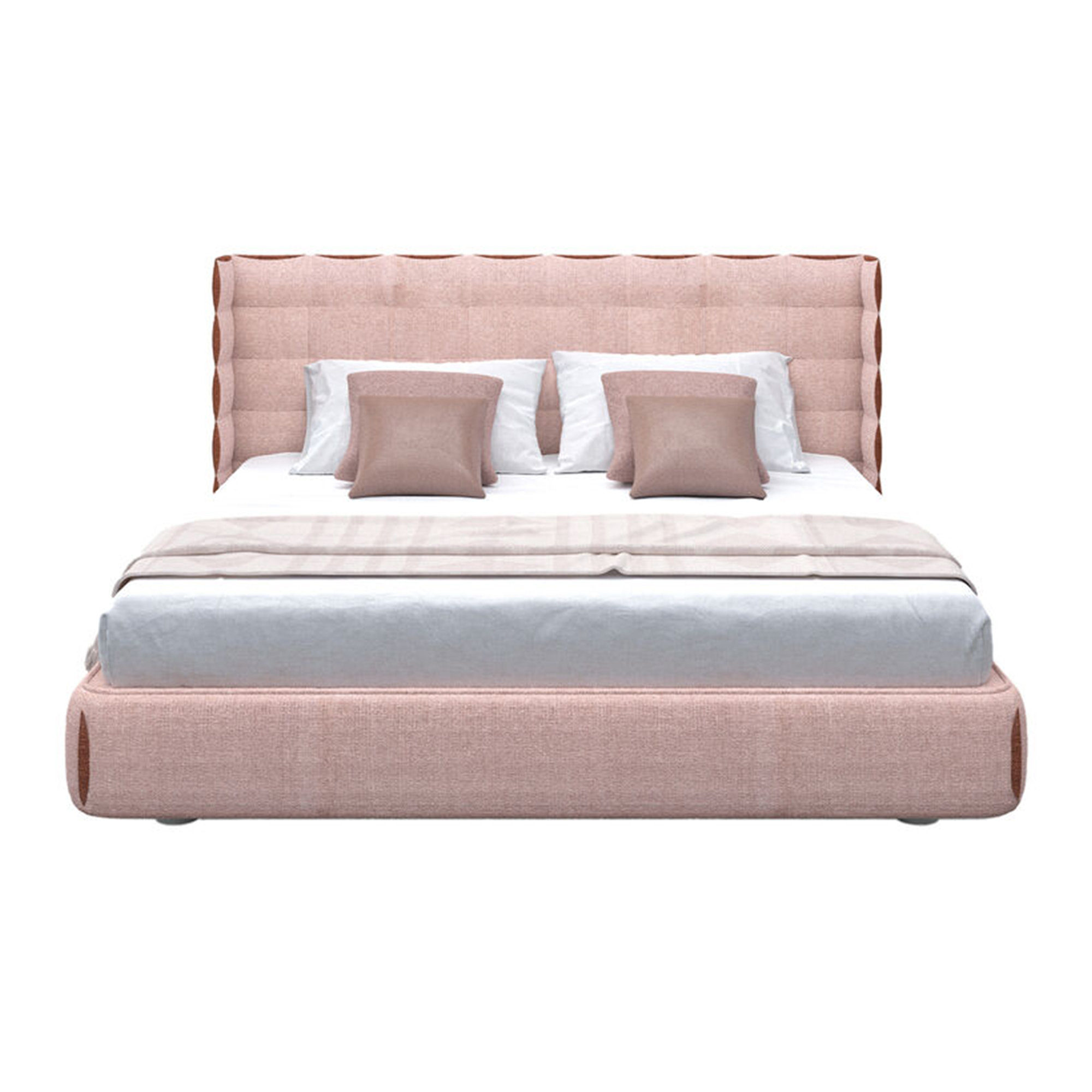 Modern box-tufted fabric platform bed frame with organic solid wood legs.