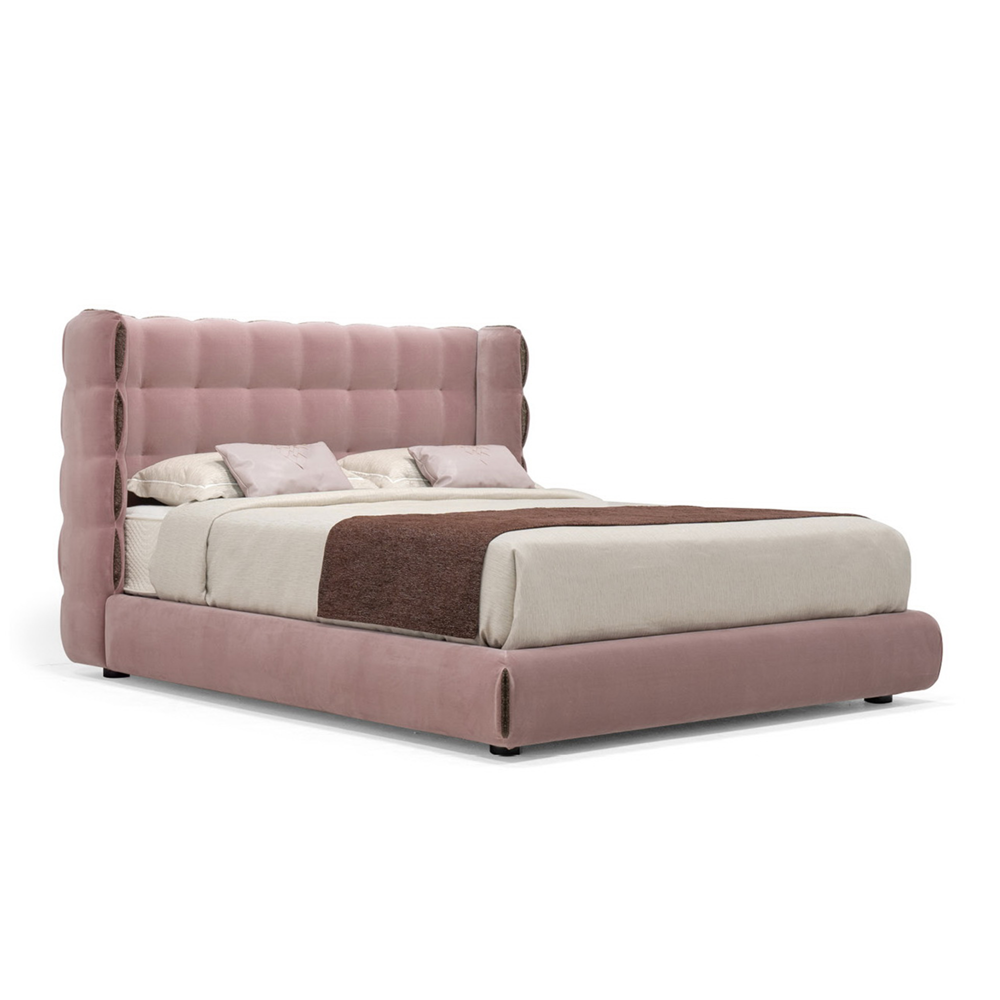 Modern box-tufted fabric platform bed frame with organic solid wood legs.