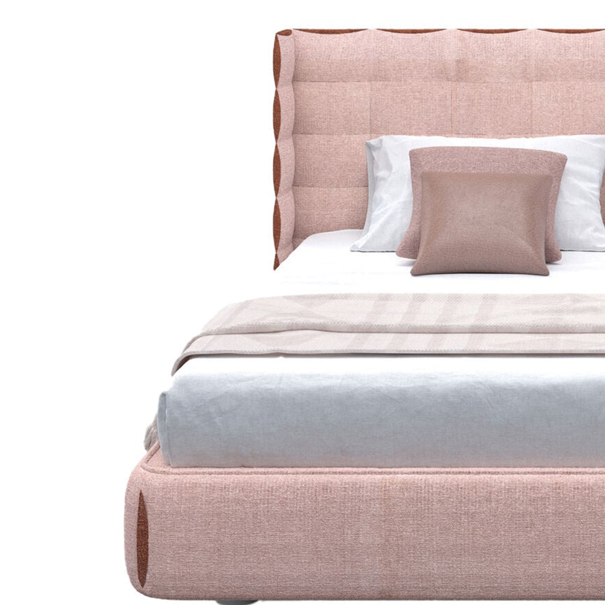 Modern box-tufted fabric platform bed frame with organic solid wood legs.