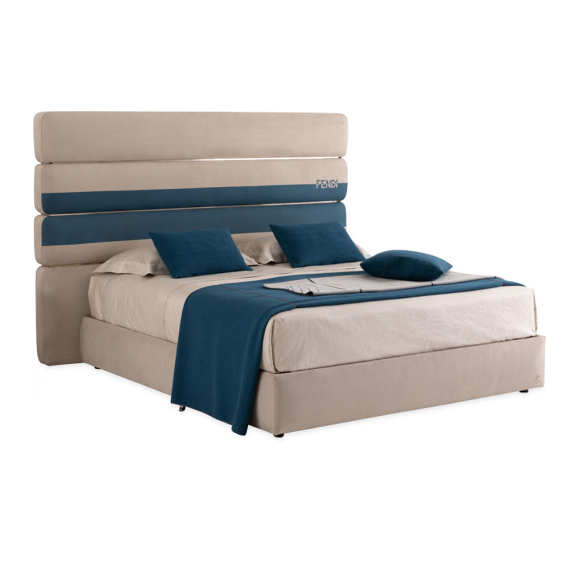 Architectural tiered block headboard luxury bed with vertical metal inlay details.