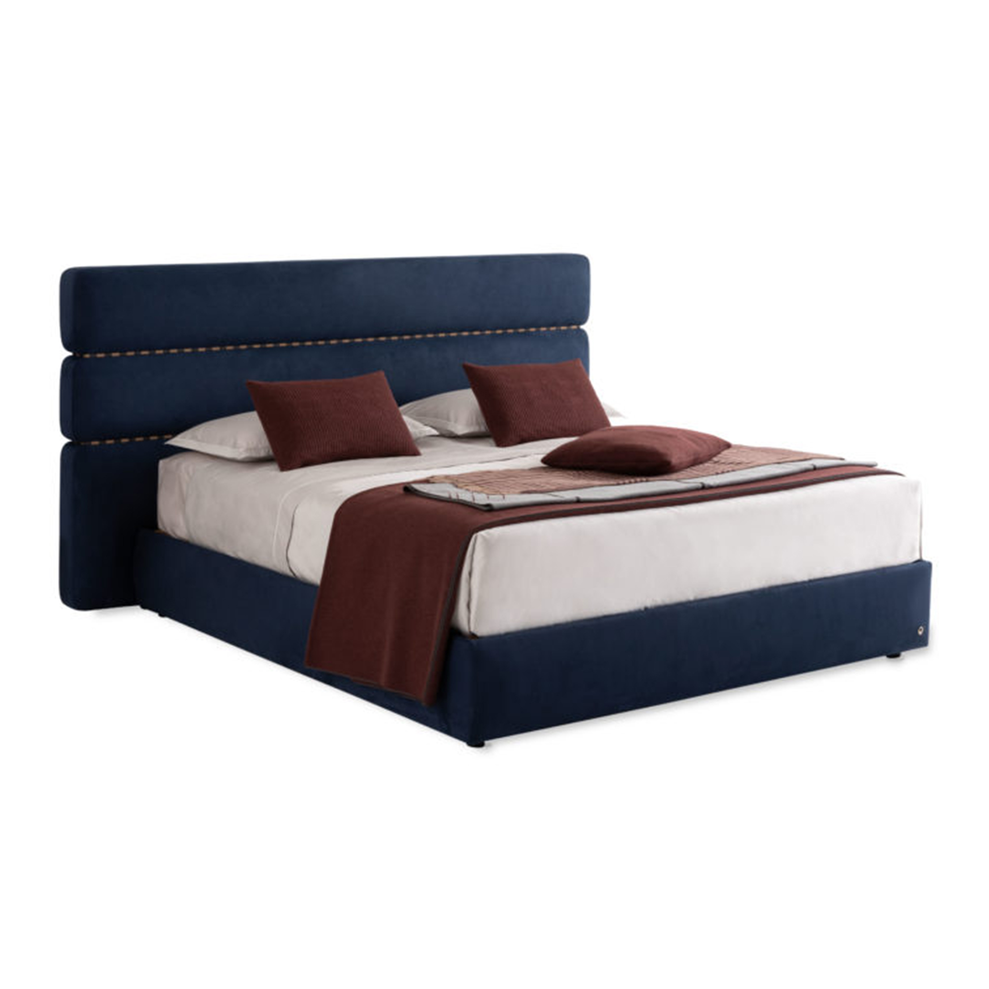 Architectural tiered block headboard luxury bed with vertical metal inlay details.