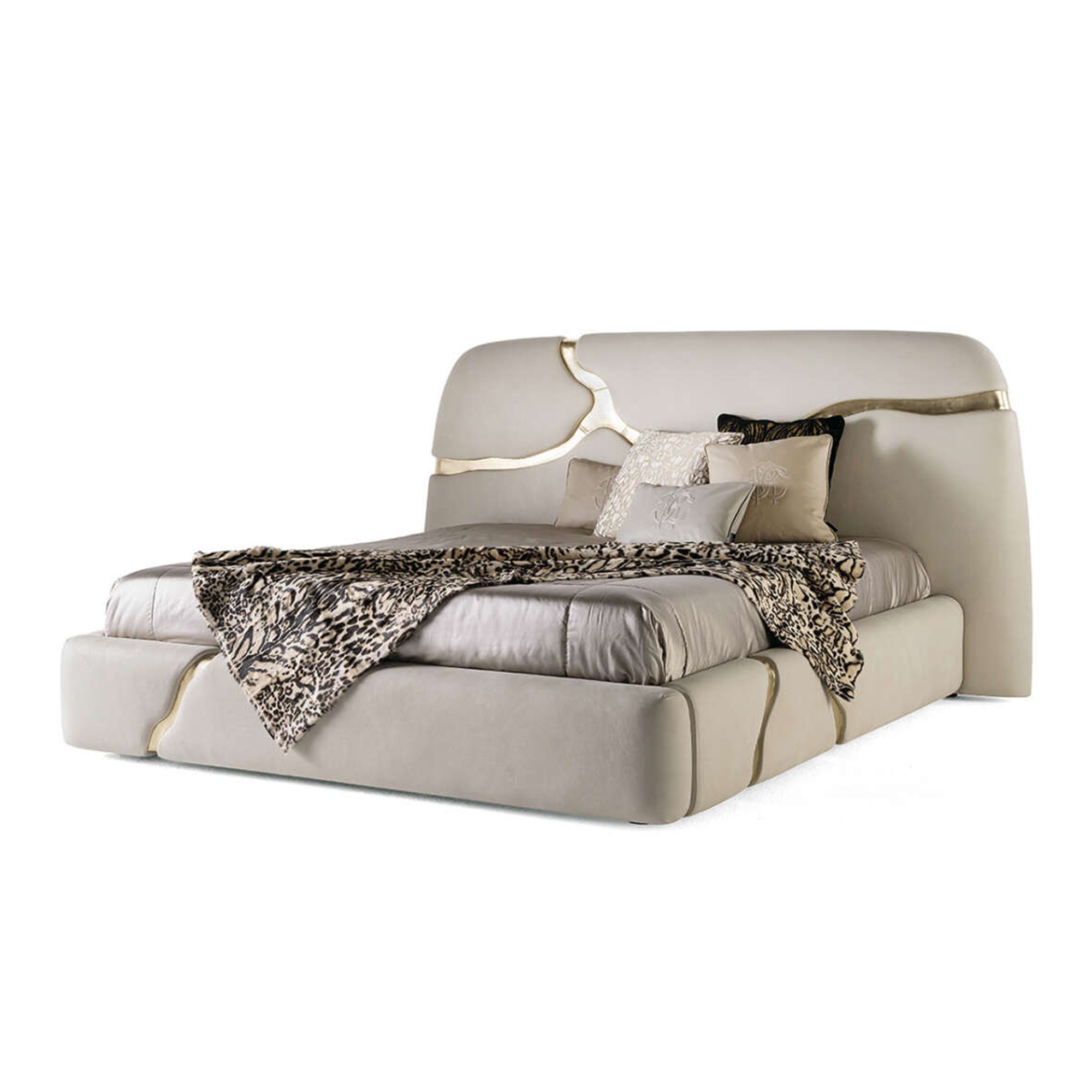 Ultra-premium genuine leather chevron bed with heavy brushed metal perimeter base.