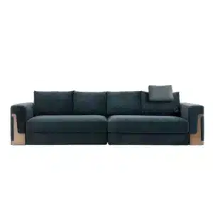 Arden Metalline sofa with curved metal surround and leather accent