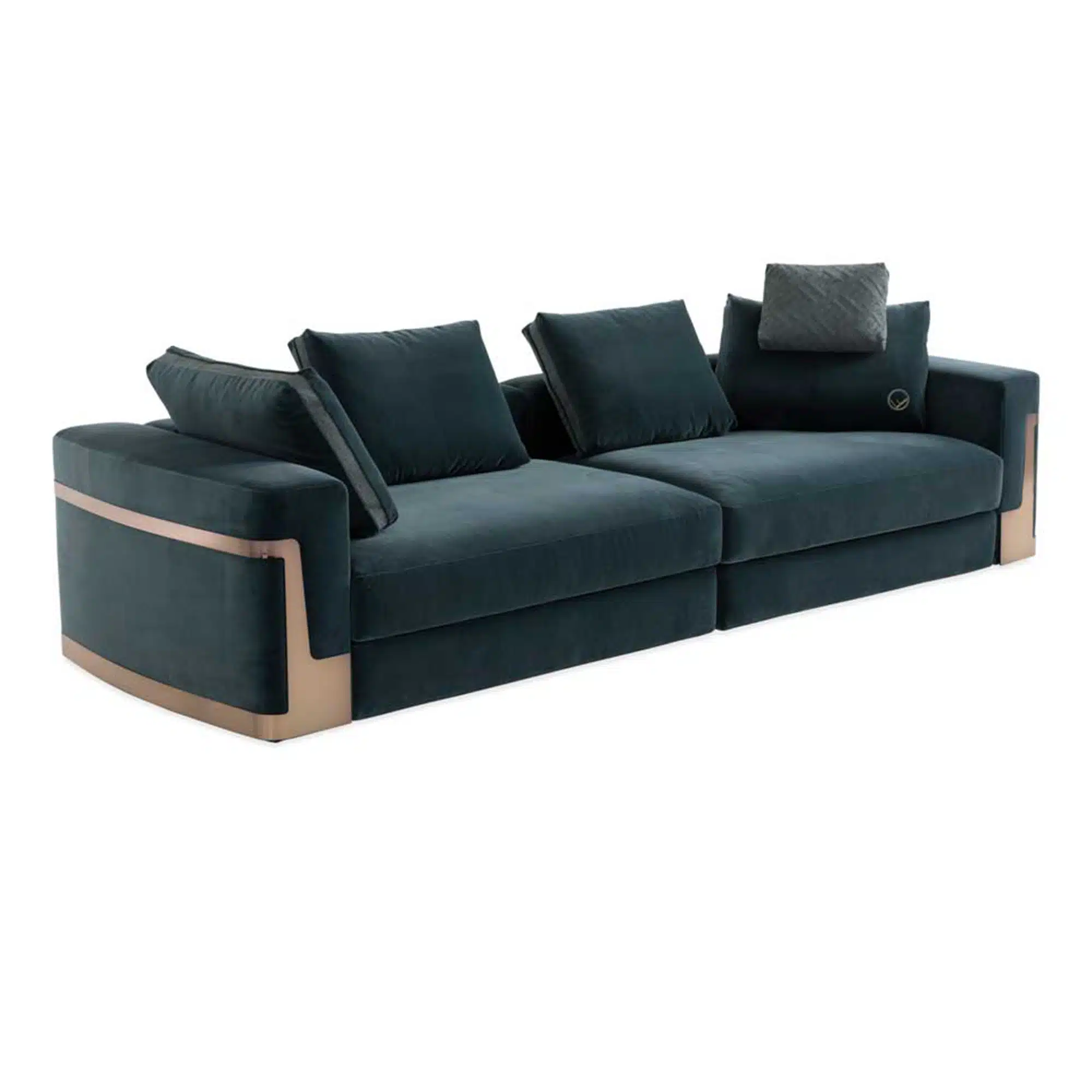 Arden Metalline sofa with curved metal surround and leather accent