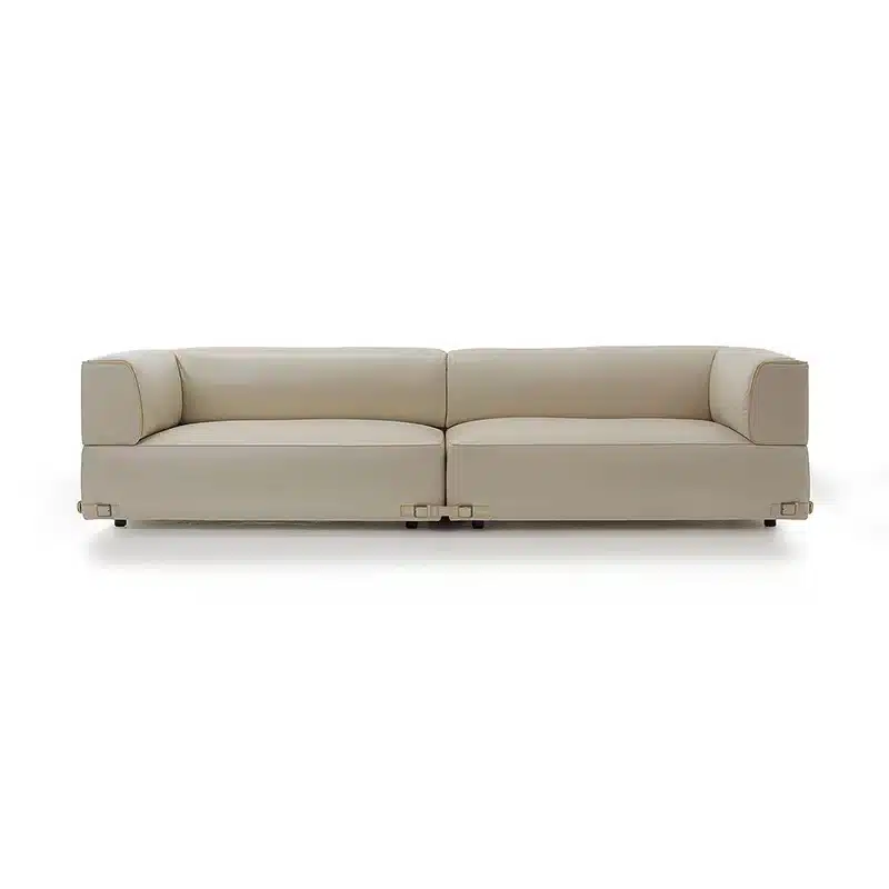 Aveline modular sofa with fabric upholstery and saddle leather armrests