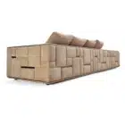 Bramwell Patchwork sofa with geometric back panels and metal strips
