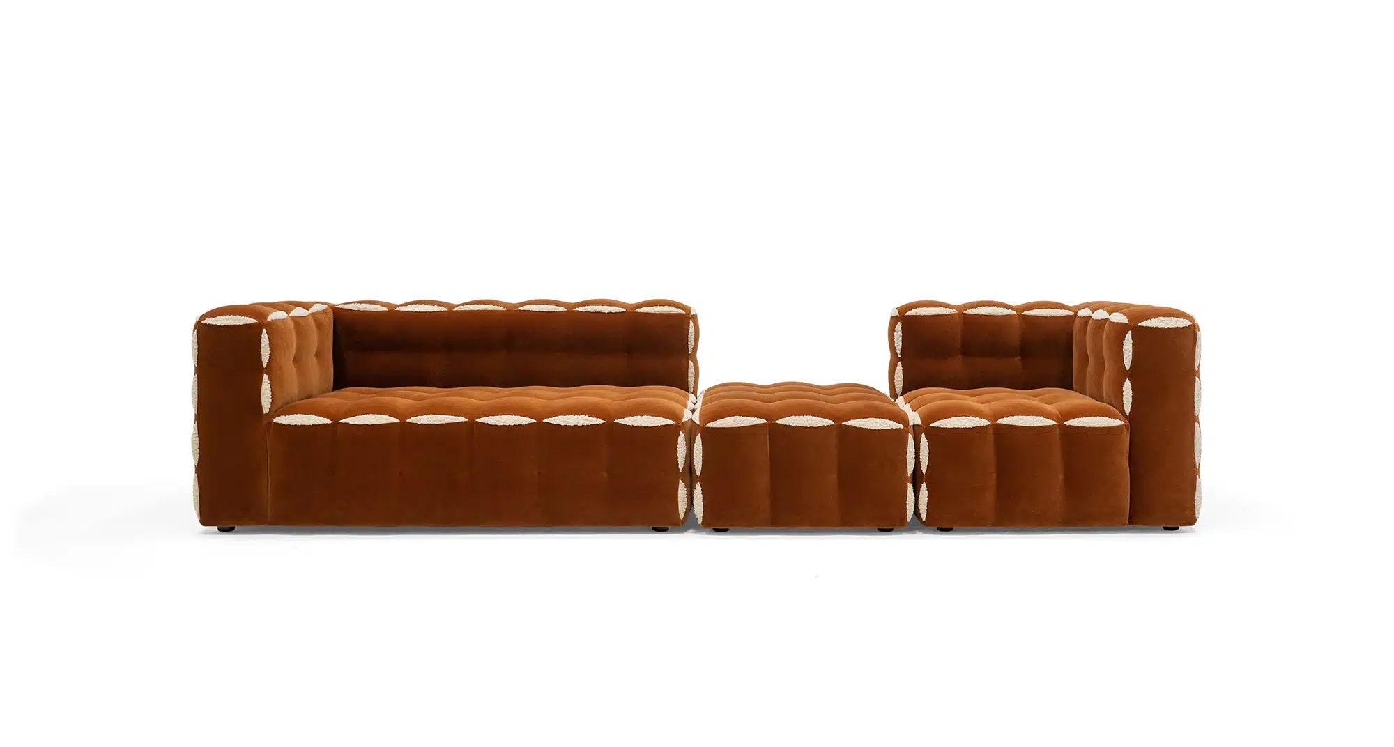 Caramel Cove modular sofa in caramel velvet with tufted cushions
