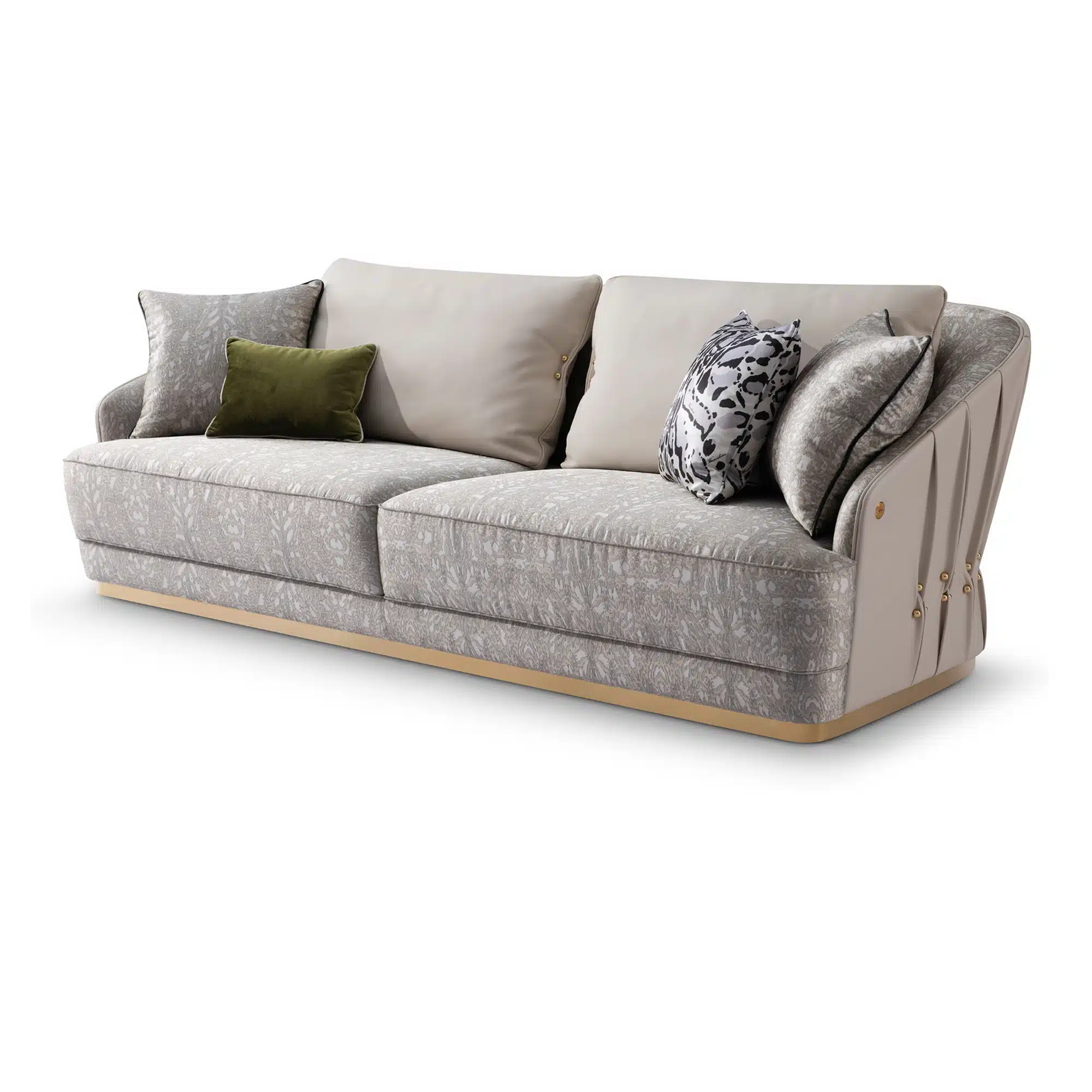 Inara Pleated Leather sofa with pleated leather back and gold metal base