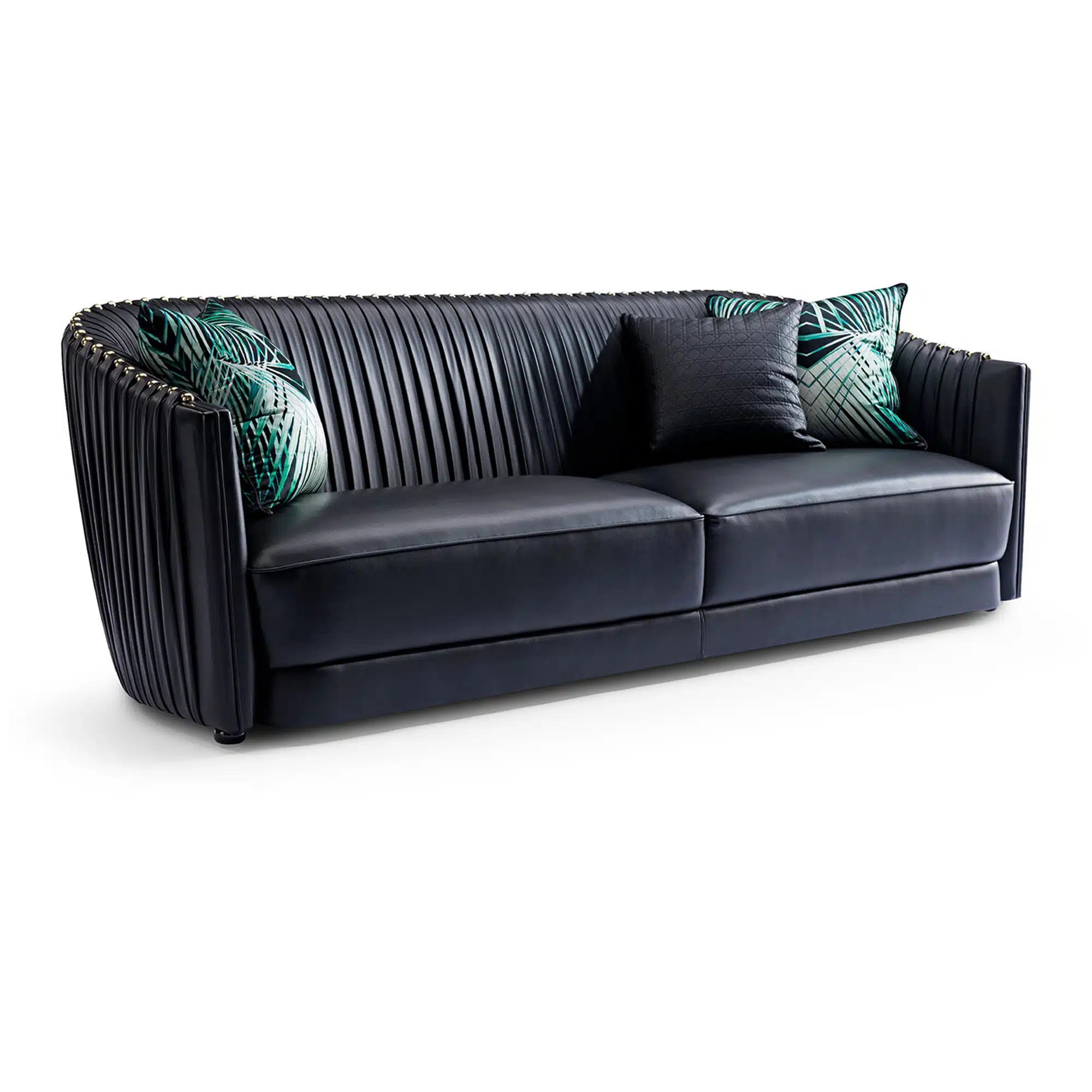 Sharpeia Pleated sofa in black leather with gold nailhead trim