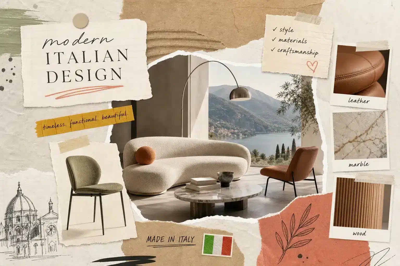 Italian design inspiration moodboard featuring sculptural seating, leather, marble, and wood