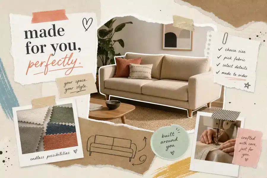Made to order sofa design moodboard with fabric swatches, custom dimensions, and upholstery details